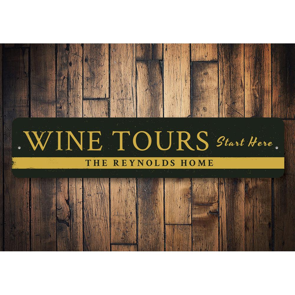 Customizable Wine Tours Sign made of high-quality aluminum, featuring pre-drilled holes for easy mounting, perfect for wine enthusiasts.