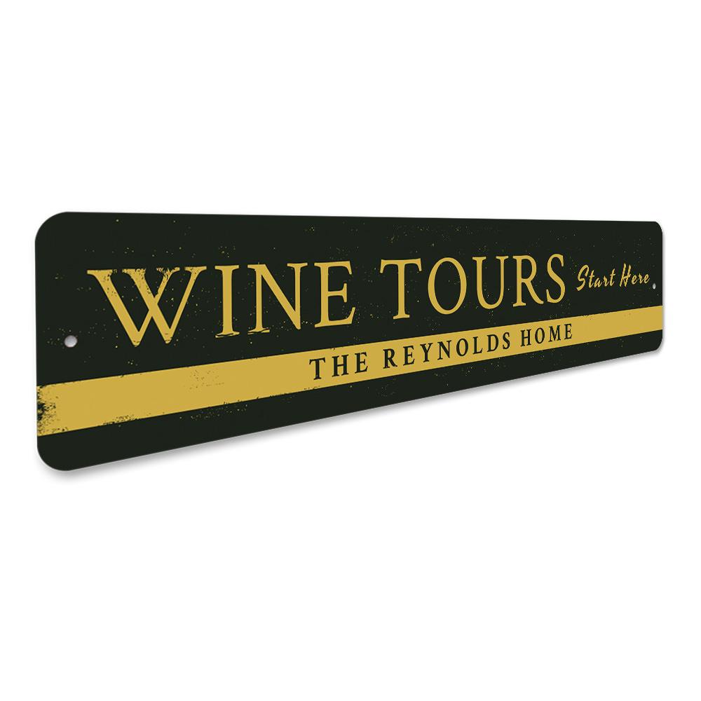 Customizable Wine Tours Sign made of high-quality aluminum, featuring pre-drilled holes for easy mounting, perfect for wine enthusiasts.