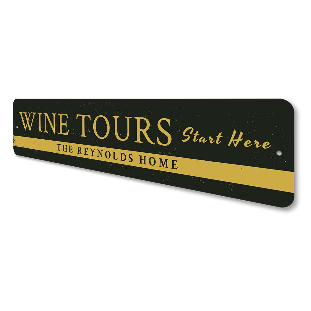 Customizable Wine Tours Sign made of high-quality aluminum, featuring pre-drilled holes for easy mounting, perfect for wine enthusiasts.