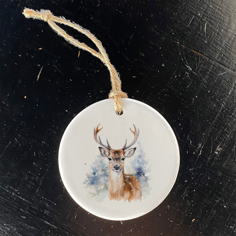 Winter Buck Ornament made of high-quality porcelain with a vibrant design, perfect for holiday decor or as a gift tag.