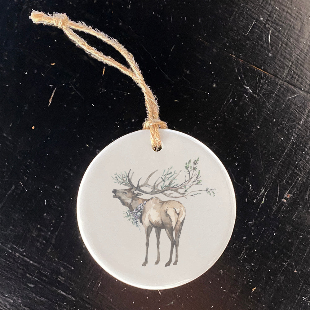 Winter Elk Ornament made of high-quality porcelain, featuring a vibrant design, perfect for holiday decor.