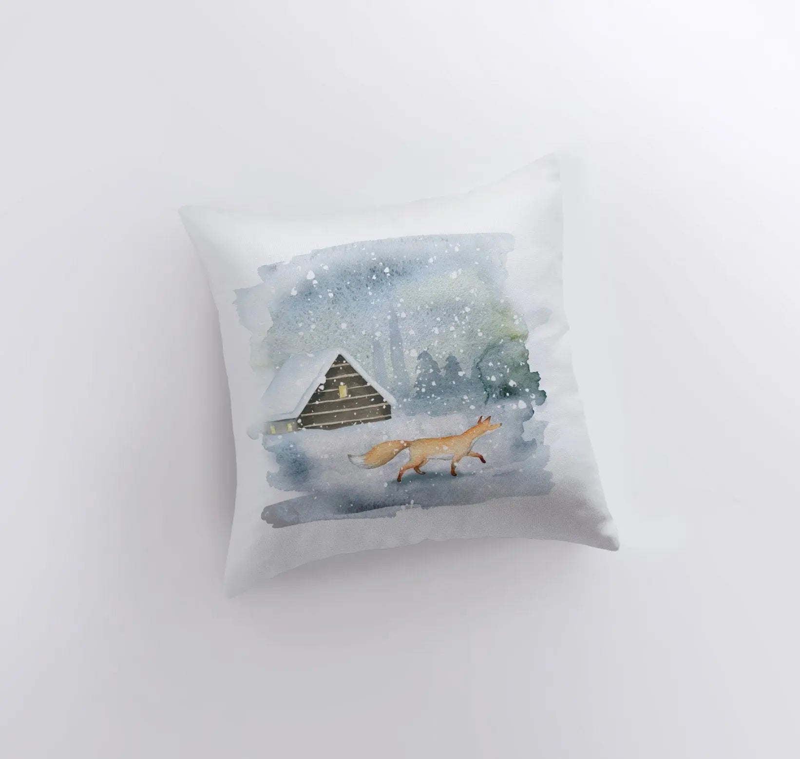 Winter Fox Scene Pillow Cover featuring a fox in snow with a cabin background, handmade in America.