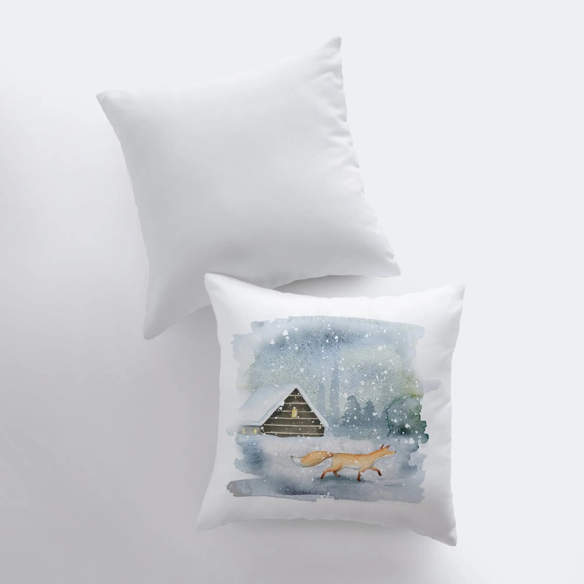 Winter Fox Scene Pillow Cover featuring a fox in snow with a cabin background, handmade in America.