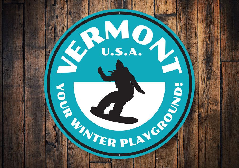 A decorative Winter Playground Sign made of high-quality aluminum, featuring a winter sports theme, ideal for ski lovers and custom gifts.