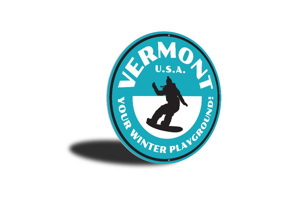 A decorative Winter Playground Sign made of high-quality aluminum, featuring a winter sports theme, ideal for ski lovers and custom gifts.