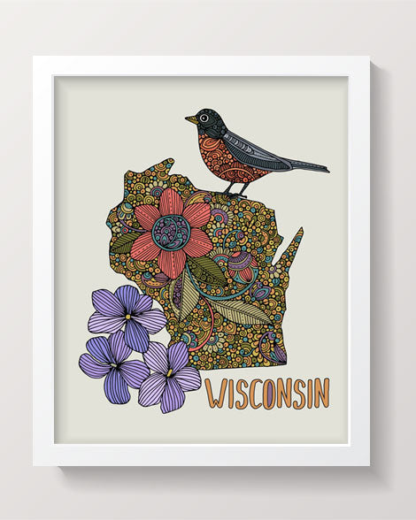 Wisconsin State Map art print featuring the American robin and common blue violet, beautifully designed with pen and ink art and digital coloring.