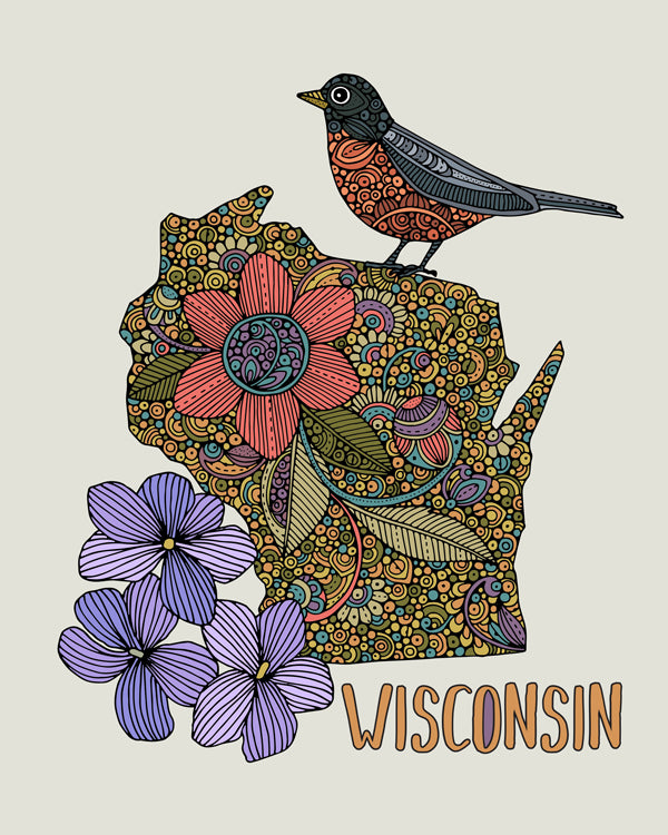 Wisconsin State Map art print featuring the American robin and common blue violet, beautifully designed with pen and ink art and digital coloring.