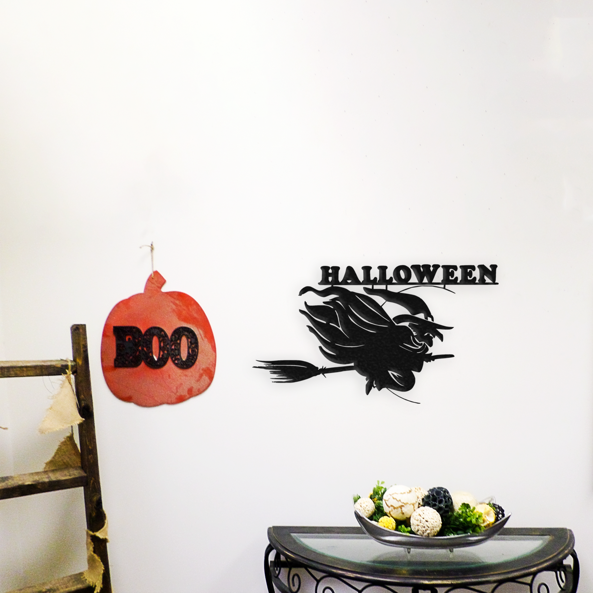 Witch Halloween Metal Wall Art featuring a whimsical witch design, crafted from high-quality steel with a low gloss powder-coated finish.