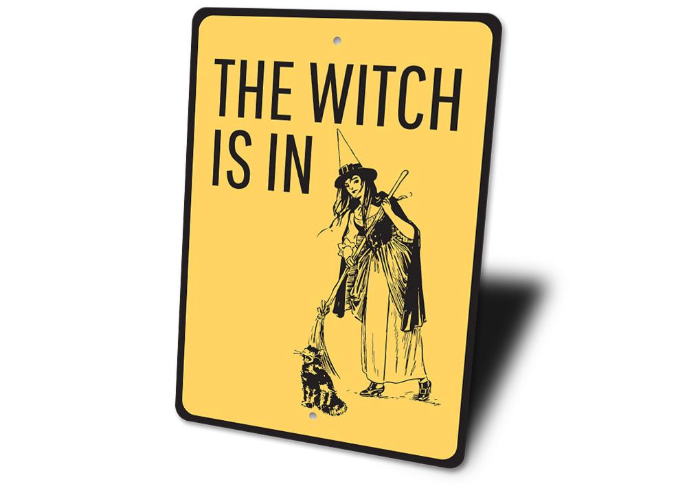 Witch is in Sign made of high-quality aluminum, featuring spooky Halloween-themed design, perfect for indoor and outdoor decoration.