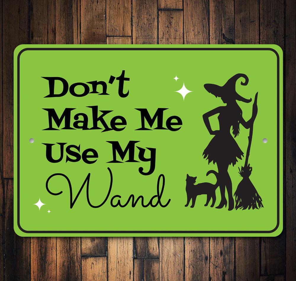 A decorative Witch Magic Wand Sign made of high-quality aluminum, featuring spooky designs perfect for Halloween decor.