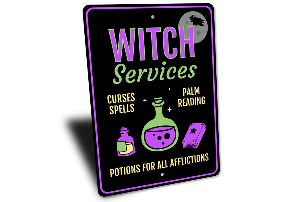 Witch Services Sign featuring spooky Halloween design, made of high-quality aluminum with pre-drilled holes for easy mounting.