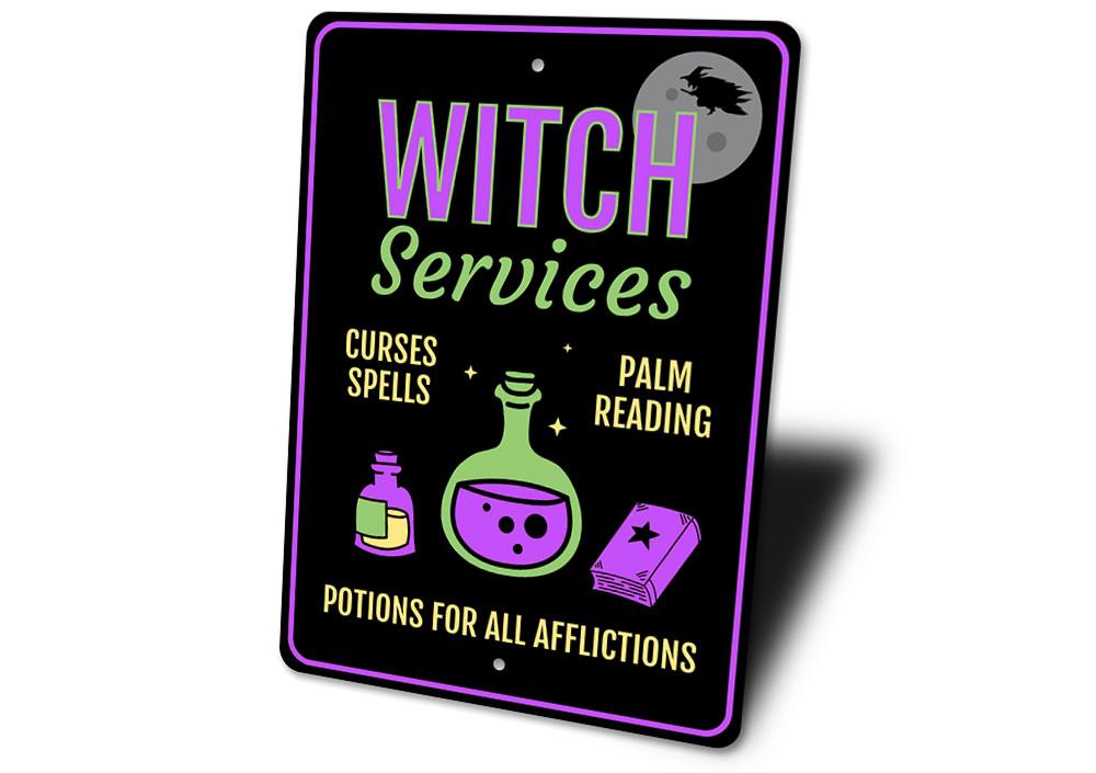 Witch Services Sign featuring spooky Halloween design, made of high-quality aluminum with pre-drilled holes for easy mounting.