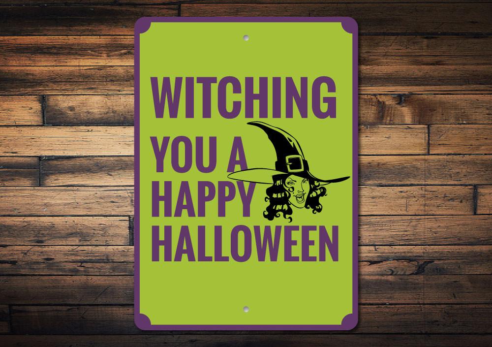 A decorative Witch Sign made of high-quality aluminum, featuring spooky Halloween-themed designs, perfect for indoor and outdoor decoration.