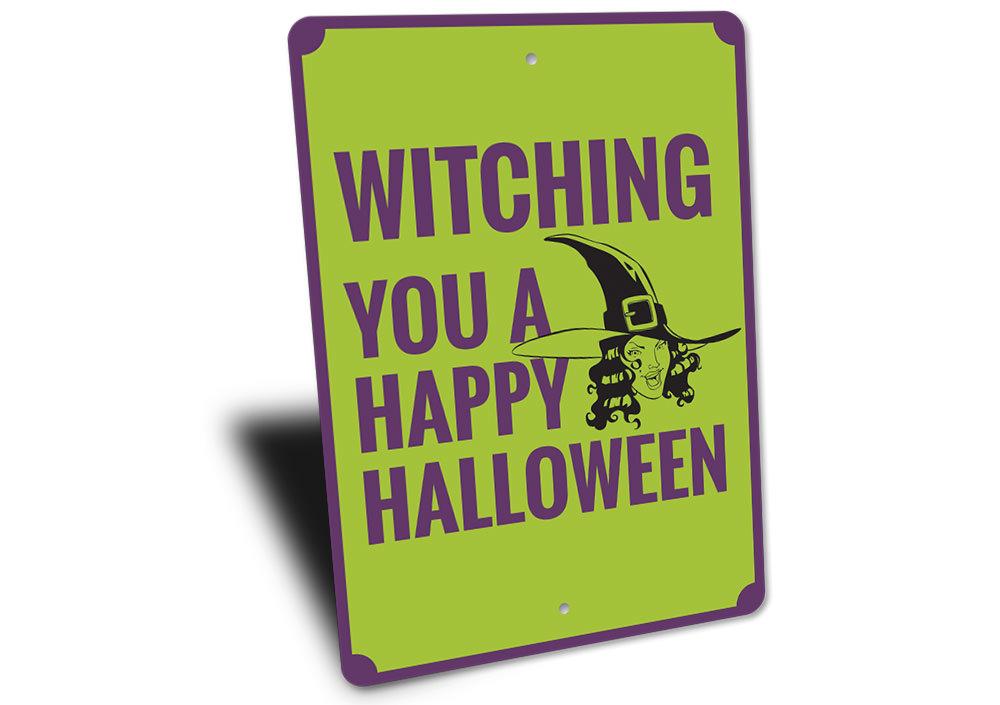 A decorative Witch Sign made of high-quality aluminum, featuring spooky Halloween-themed designs, perfect for indoor and outdoor decoration.