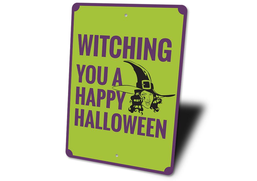 A decorative Witch Sign made of high-quality aluminum, featuring spooky Halloween-themed designs, perfect for indoor and outdoor decoration.