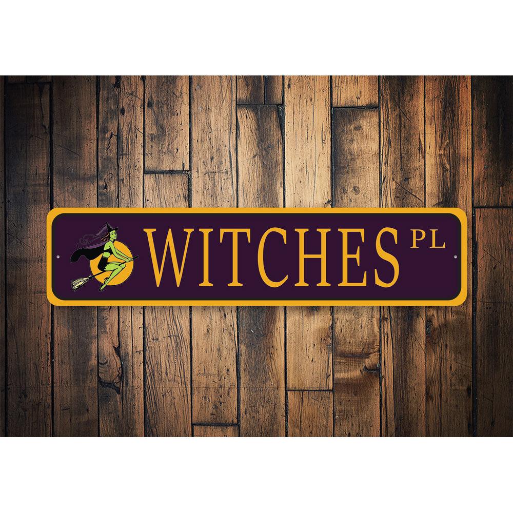 Custom Witch Street Sign made of durable aluminum, featuring a whimsical design perfect for home decor.