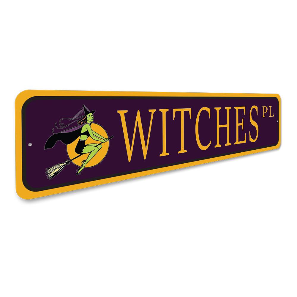 Custom Witch Street Sign made of durable aluminum, featuring a whimsical design perfect for home decor.