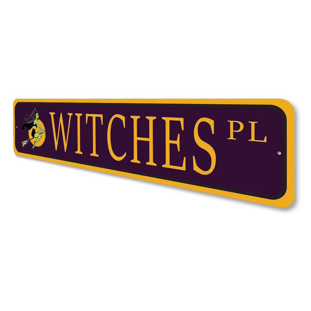 Custom Witch Street Sign made of durable aluminum, featuring a whimsical design perfect for home decor.