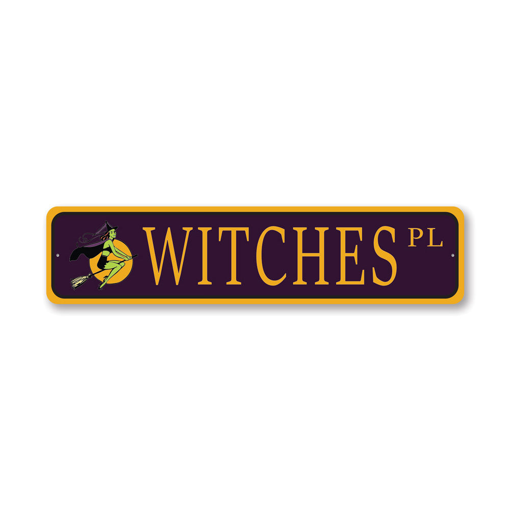 Custom Witch Street Sign made of durable aluminum, featuring a whimsical design perfect for home decor.