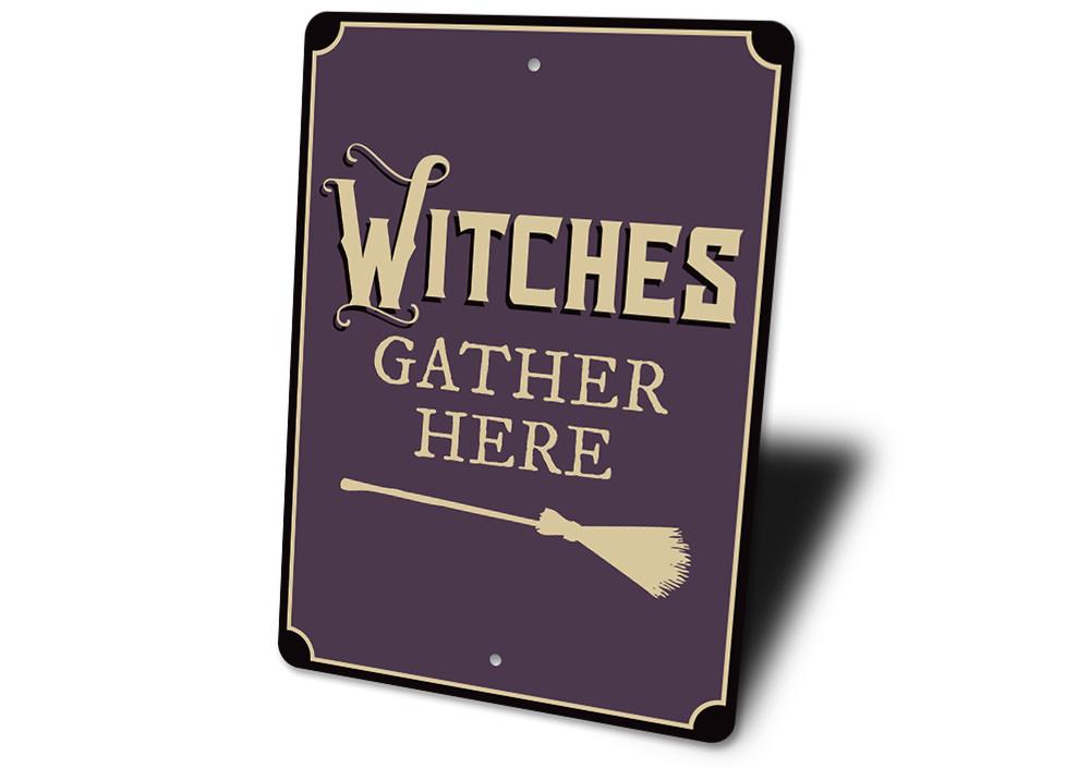 A decorative Witches Gather Here Sign made of high-quality aluminum, featuring spooky graphics perfect for Halloween decor.