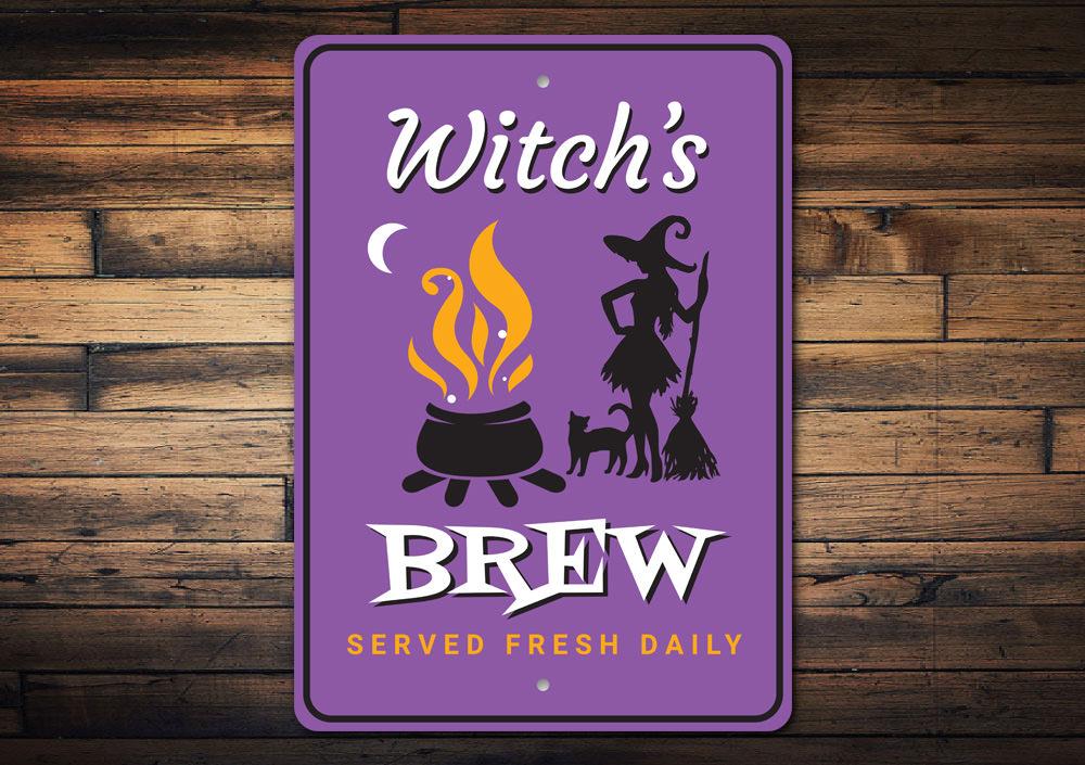 Witch's Brew Sign featuring spooky Halloween design, made from high-quality aluminum, perfect for home decor.