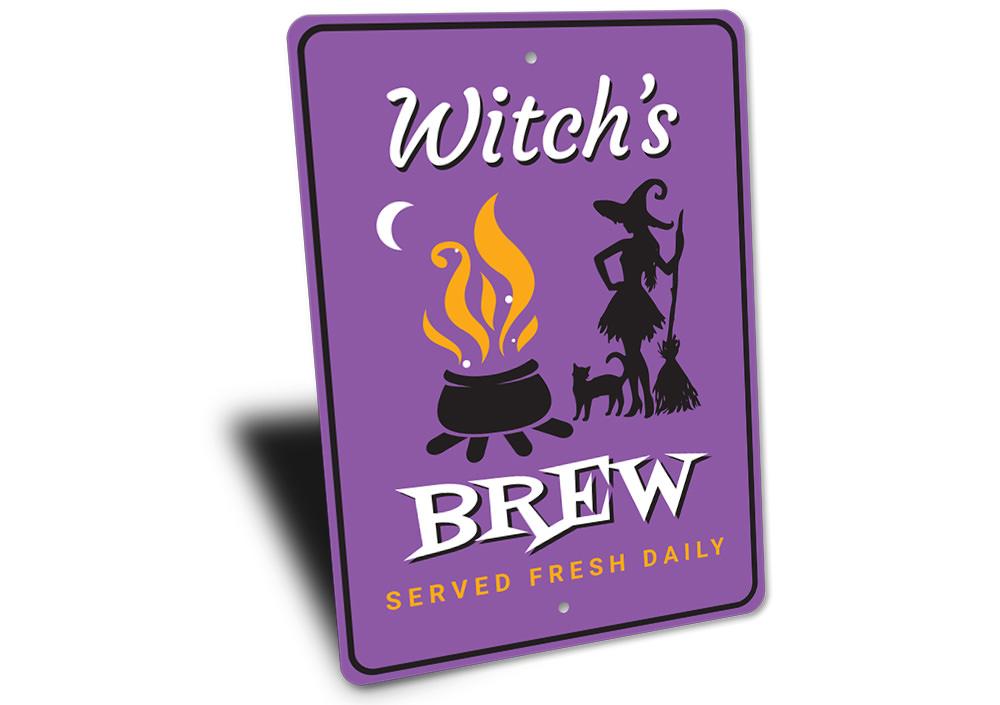 Witch's Brew Sign featuring spooky Halloween design, made from high-quality aluminum, perfect for home decor.