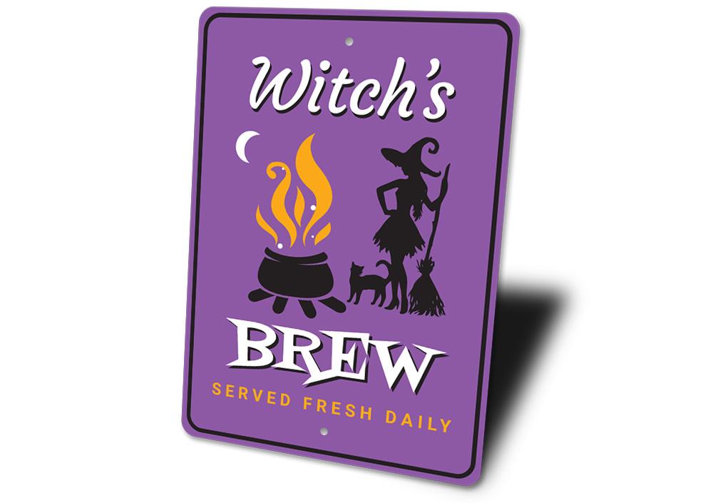 Witch's Brew Sign featuring spooky Halloween design, made from high-quality aluminum, perfect for home decor.