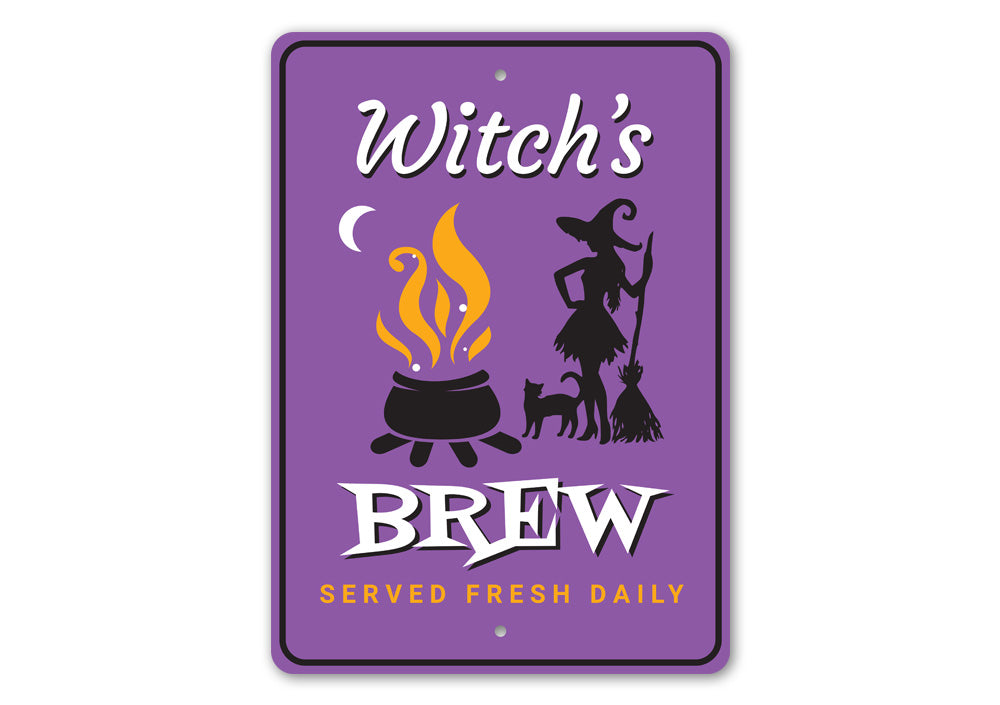 Witch's Brew Sign featuring spooky Halloween design, made from high-quality aluminum, perfect for home decor.