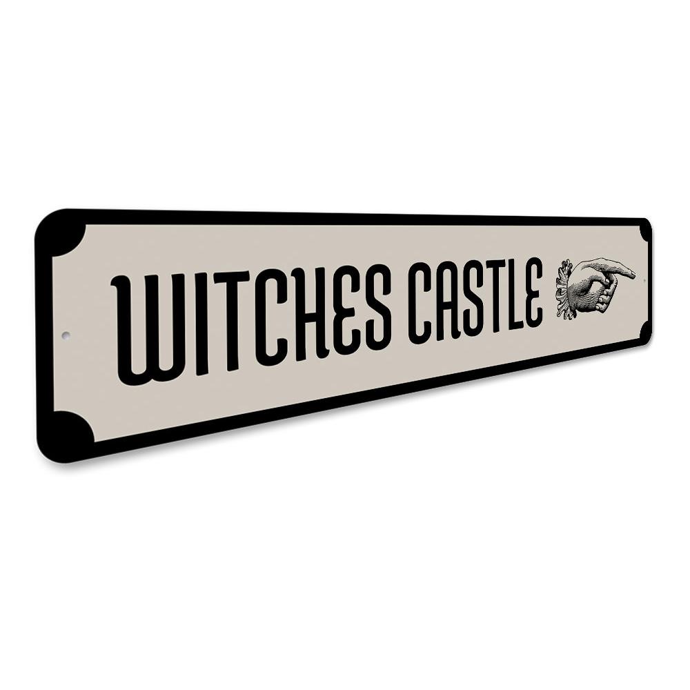 A spooky Witch's Castle Sign made of durable aluminum, featuring eerie graphics perfect for Halloween decorations.