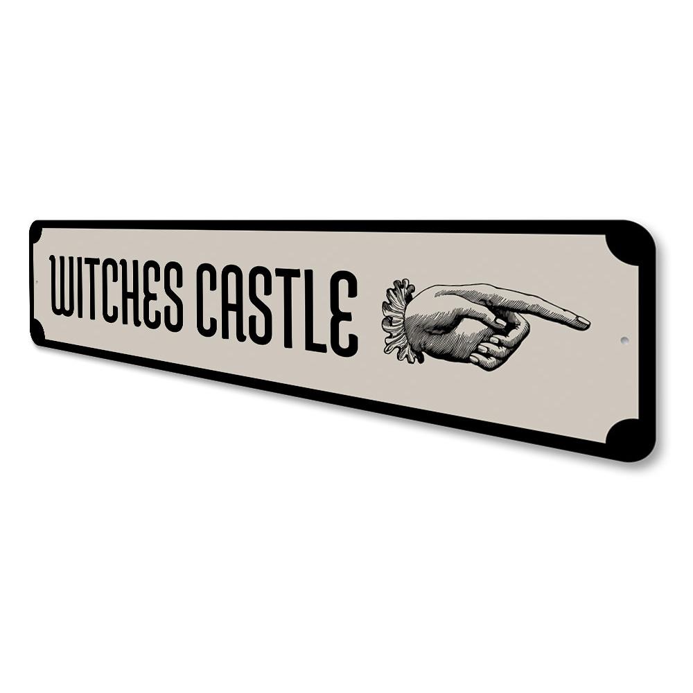 A spooky Witch's Castle Sign made of durable aluminum, featuring eerie graphics perfect for Halloween decorations.