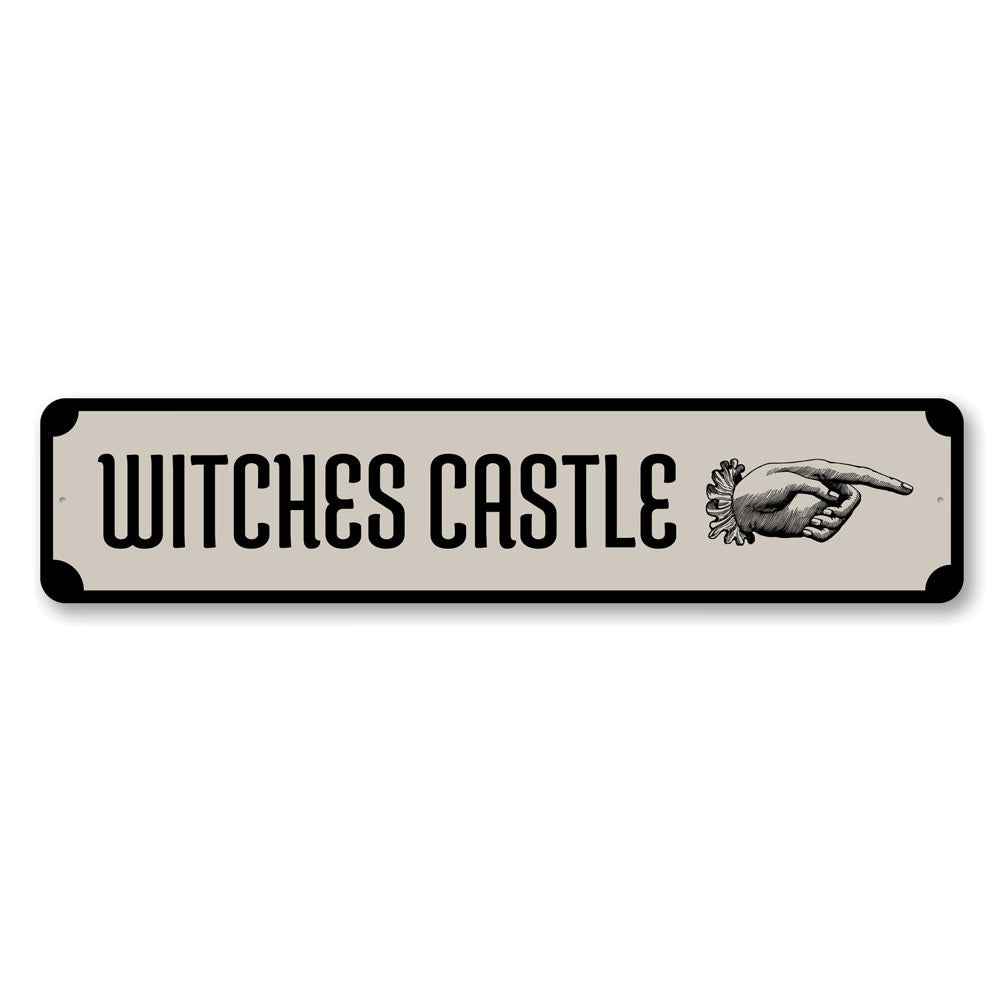 A spooky Witch's Castle Sign made of durable aluminum, featuring eerie graphics perfect for Halloween decorations.