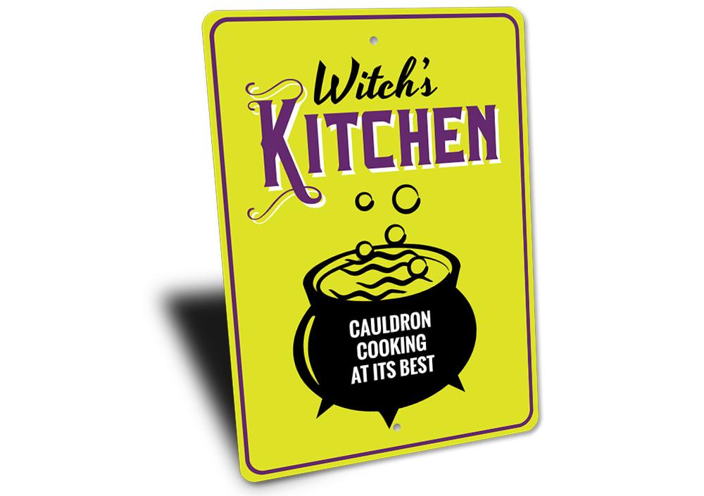 A decorative Witch's Kitchen Sign made of aluminum, featuring spooky designs perfect for Halloween decor.