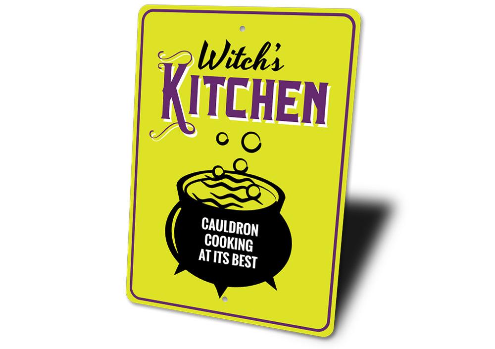 A decorative Witch's Kitchen Sign made of aluminum, featuring spooky designs perfect for Halloween decor.