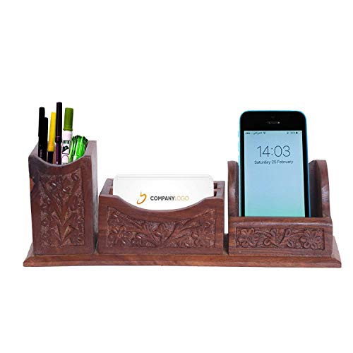 A beautifully carved wooden desk organizer made of pure rosewood, featuring compartments for pens, a mobile phone, and notes.