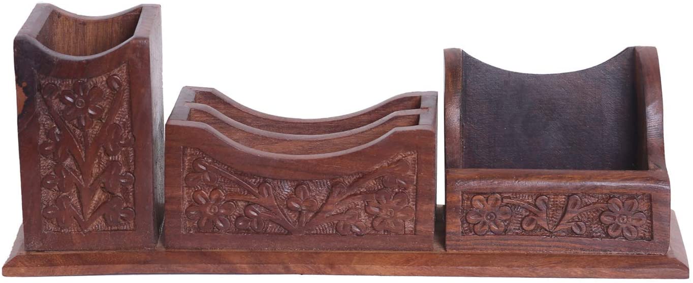 A beautifully carved wooden desk organizer made of pure rosewood, featuring compartments for pens, a mobile phone, and notes.