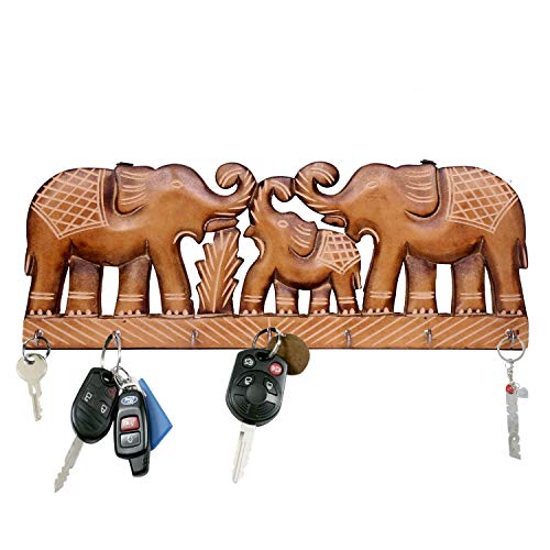 Handcrafted wooden key holder in elephant design, featuring intricate details and two hooks for wall mounting.