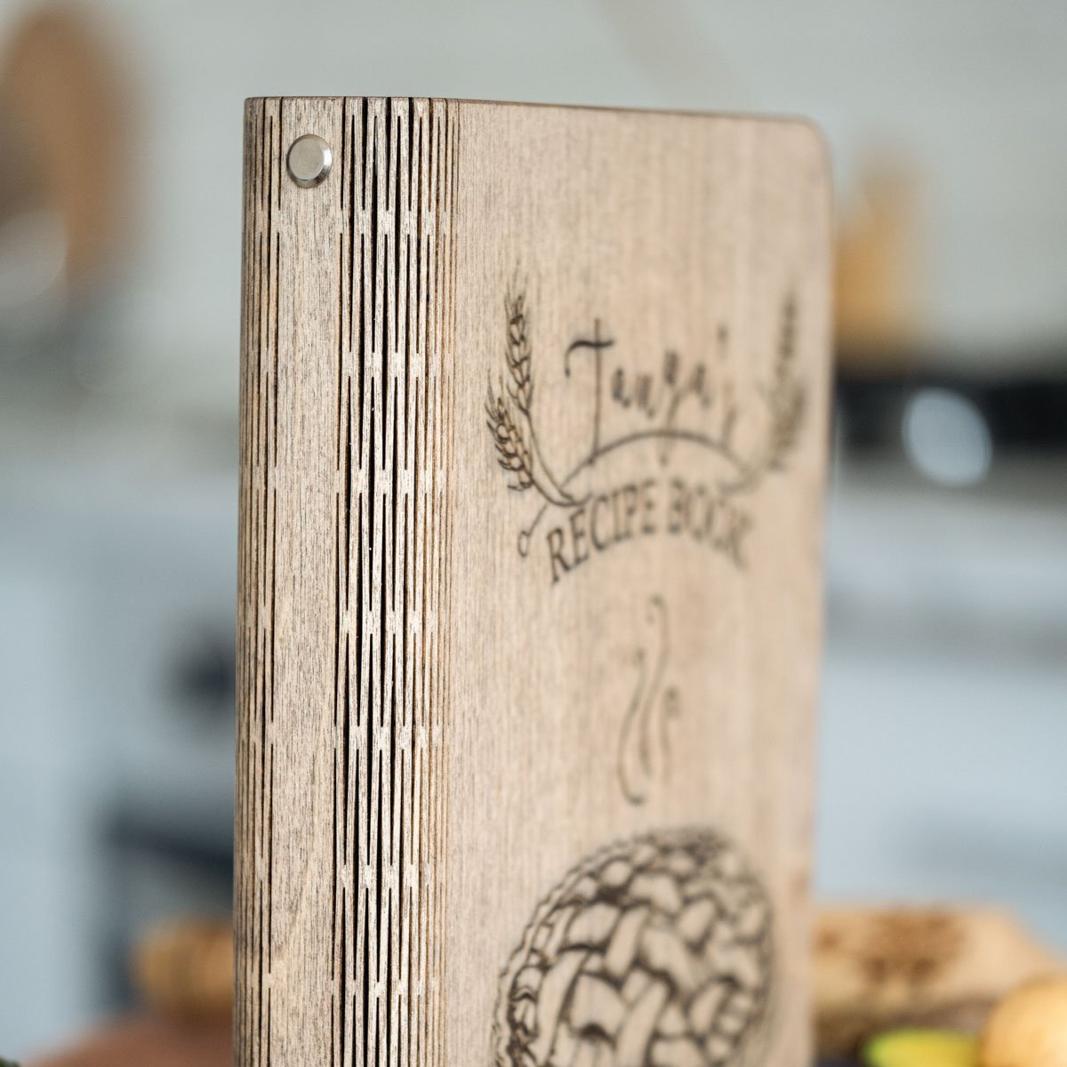 Wooden Recipe Book Pie with personalized cover and blank recipe pages, perfect for cooking enthusiasts.