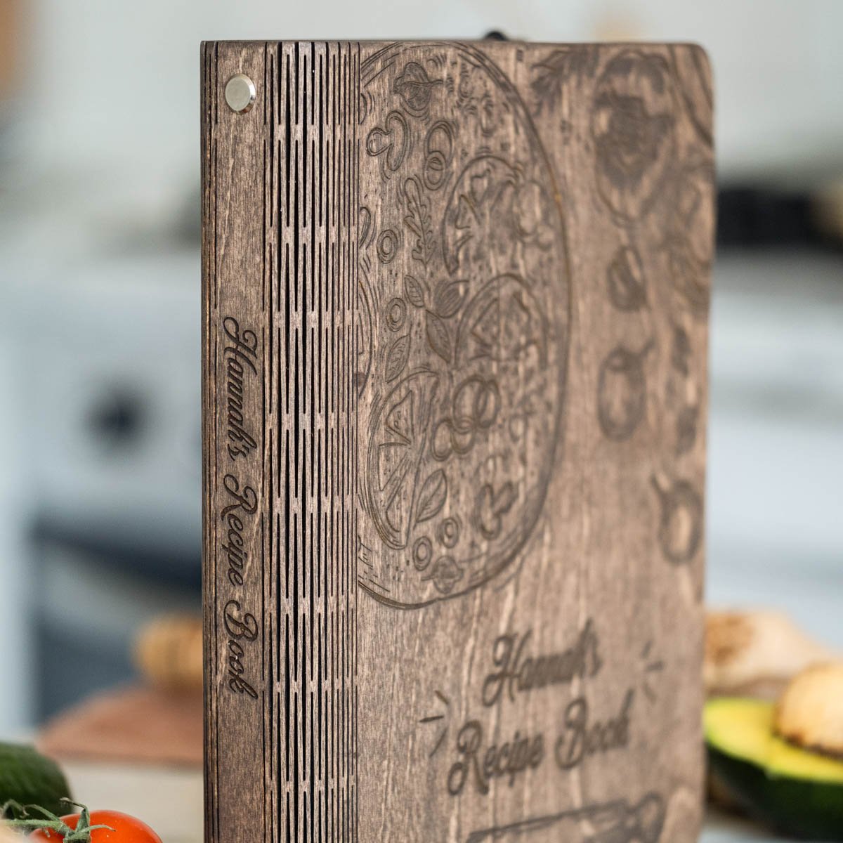 Wooden Recipe Book Pizza featuring personalized cover and blank recipe pages for cooking enthusiasts.