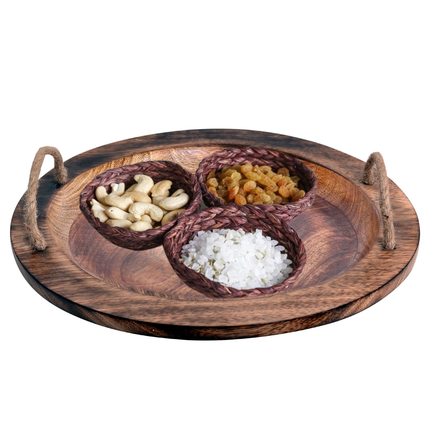 Stylish wooden serving tray with jute rope handles, perfect for serving food and drinks, featuring a round design and copper accents.