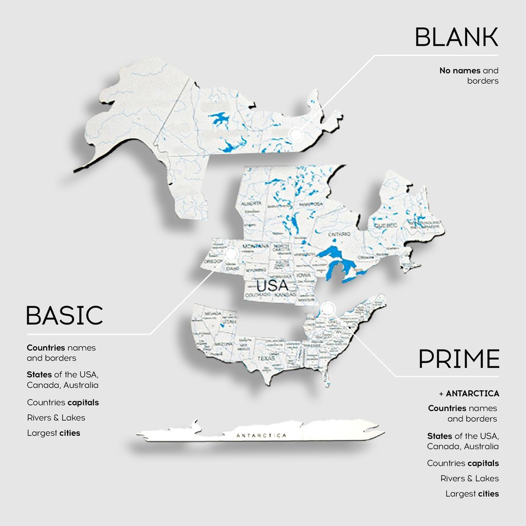 A beautifully crafted Wooden World Map in white, made from birch plywood, showcasing detailed geographical features and decorative elements.