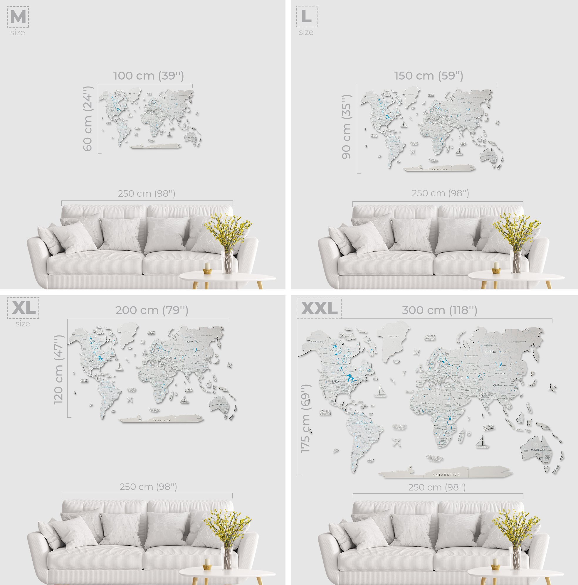 A beautifully crafted Wooden World Map in white, made from birch plywood, showcasing detailed geographical features and decorative elements.