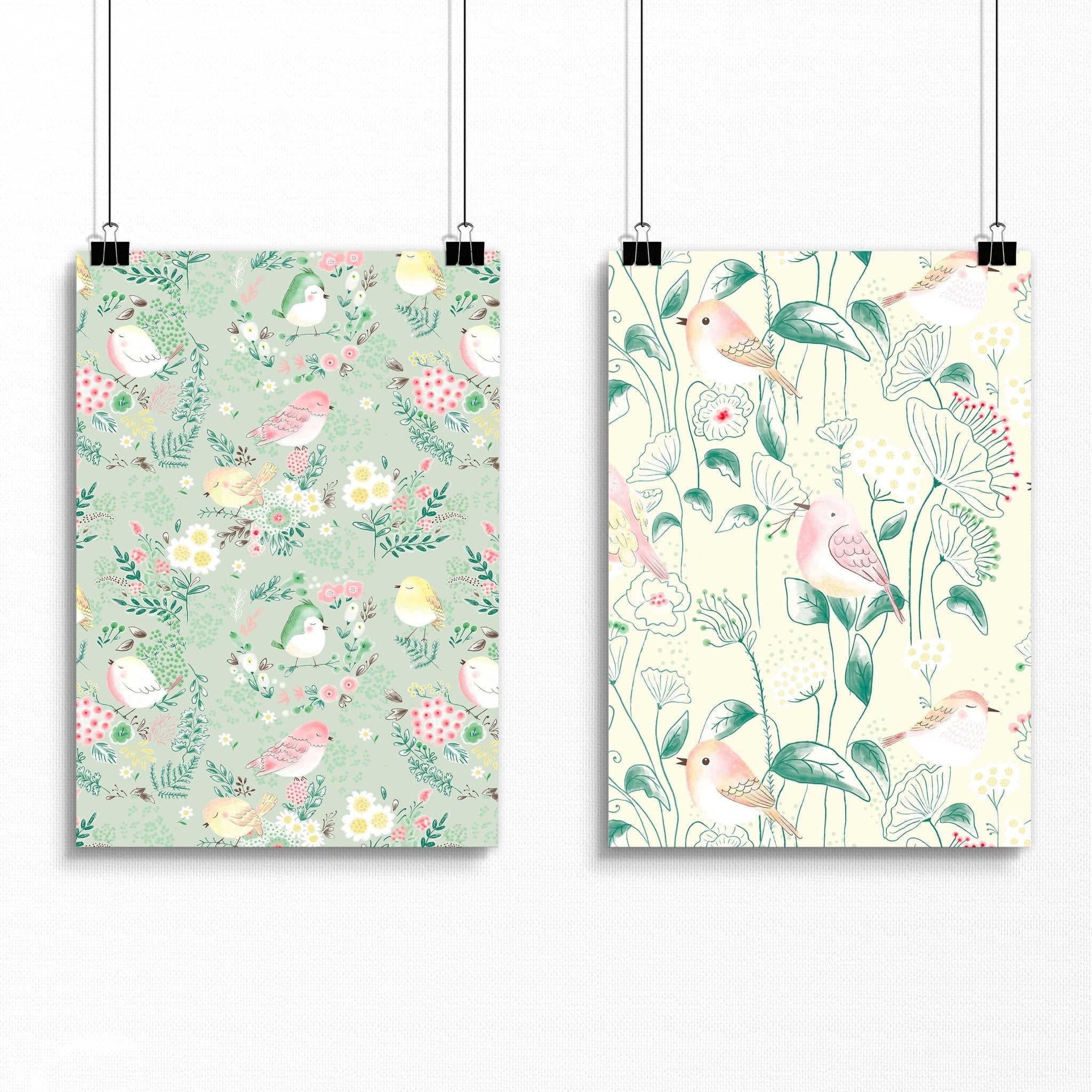 Set of 2 woodland nursery wall art prints featuring whimsical birds and flowers in soft pink, ivory, and sage green tones.