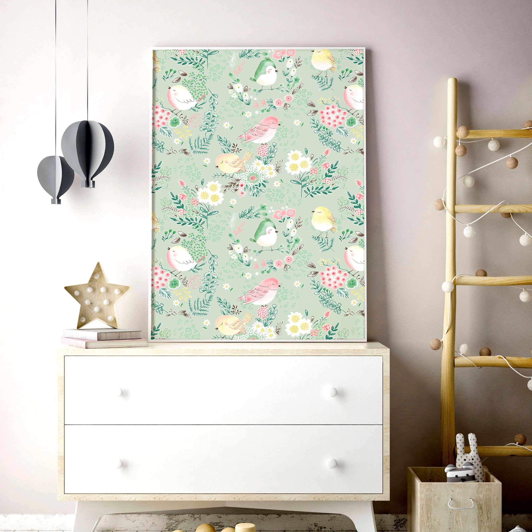 Set of 2 woodland nursery wall art prints featuring whimsical birds and flowers in soft pink, ivory, and sage green tones.