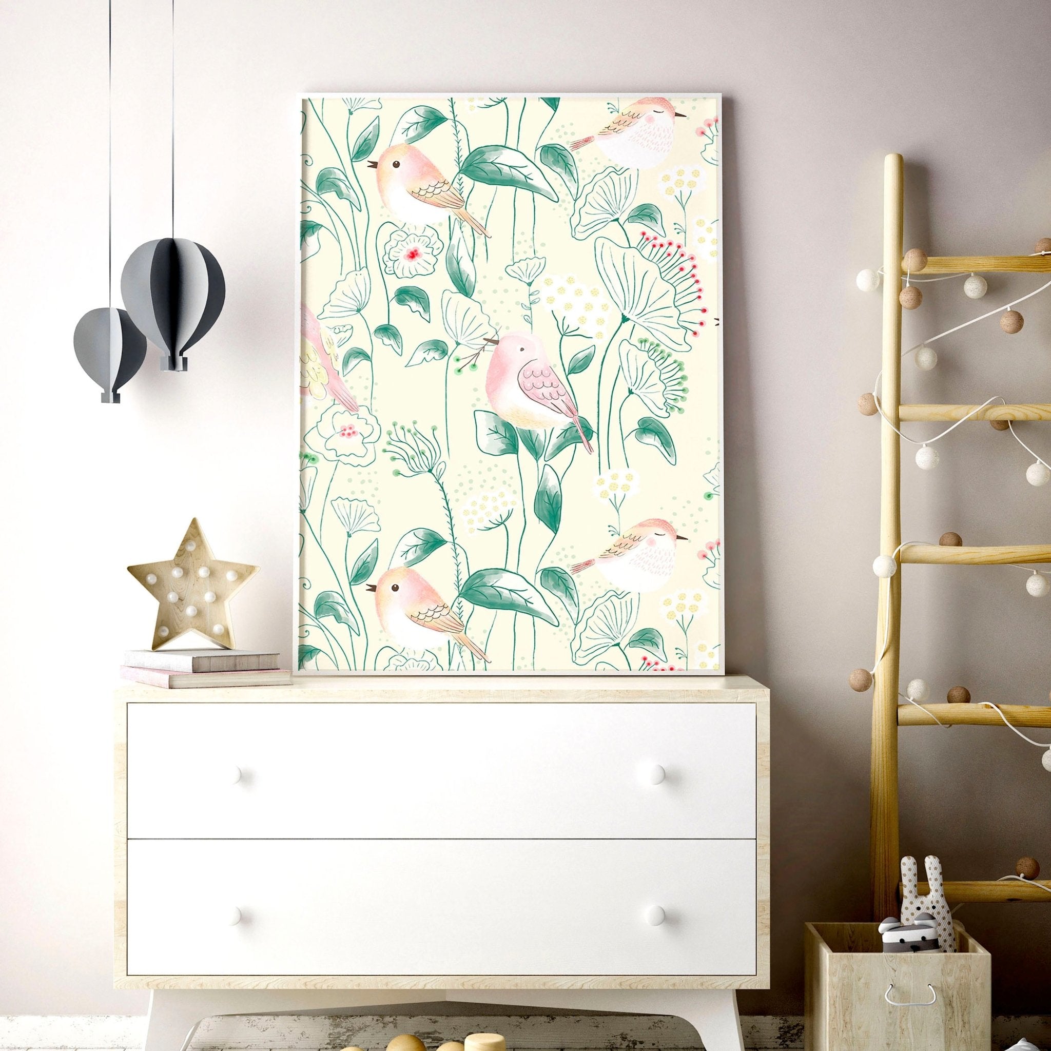 Set of 2 woodland nursery wall art prints featuring whimsical birds and flowers in soft pink, ivory, and sage green tones.