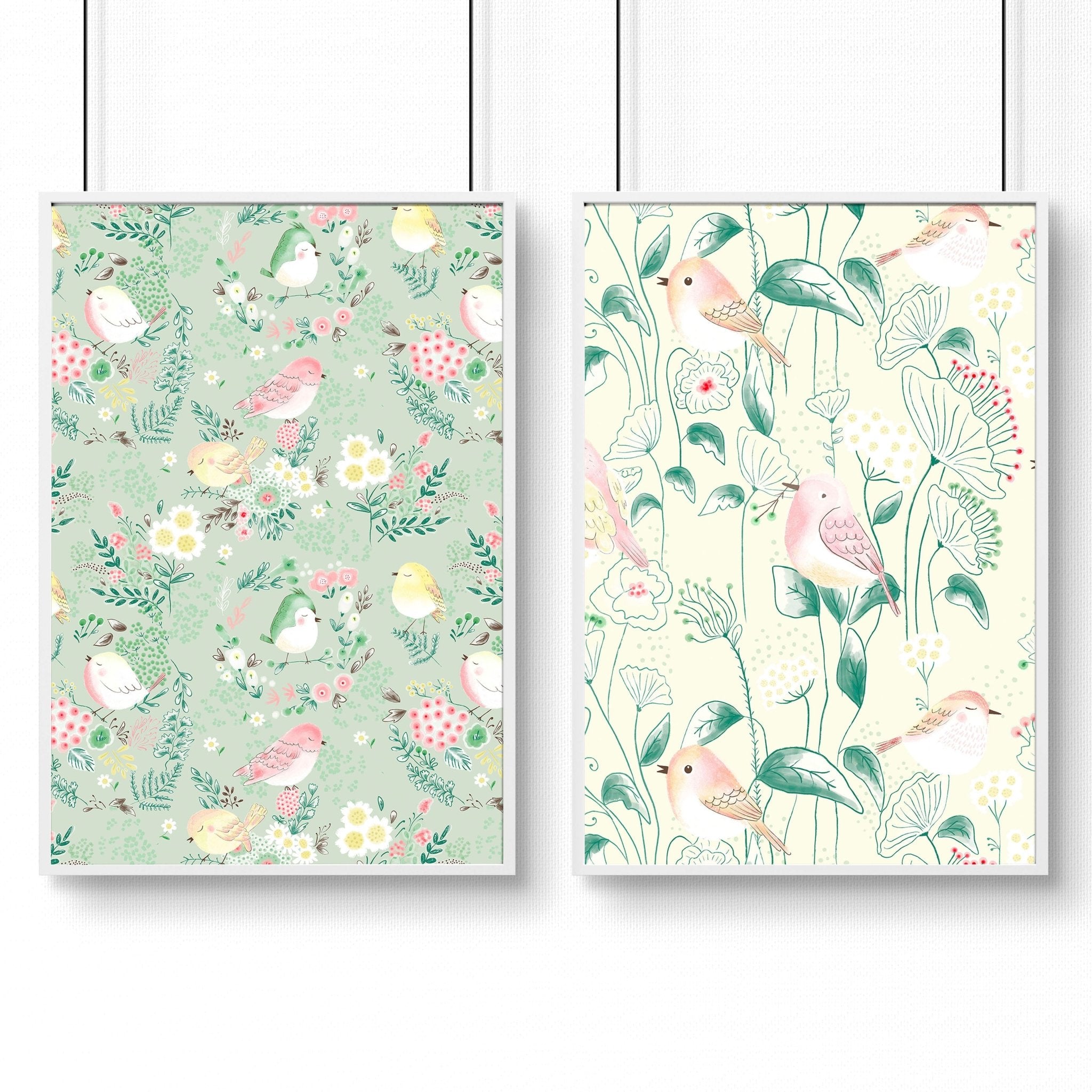 Set of 2 woodland nursery wall art prints featuring whimsical birds and flowers in soft pink, ivory, and sage green tones.