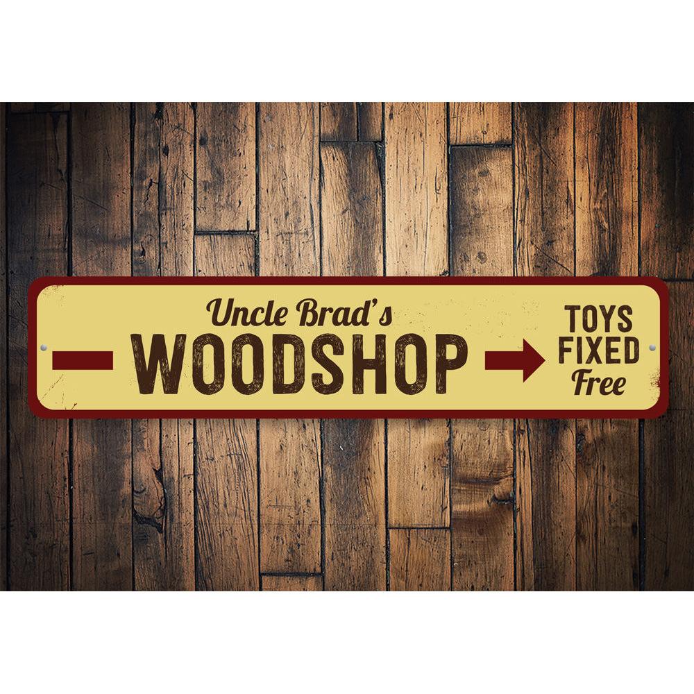 Customizable Woodshop Sign made from high-quality aluminum, featuring pre-drilled holes for easy mounting, perfect for home decor.