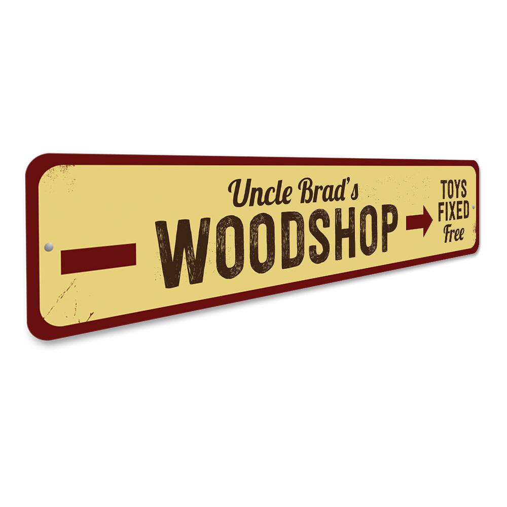 Customizable Woodshop Sign made from high-quality aluminum, featuring pre-drilled holes for easy mounting, perfect for home decor.