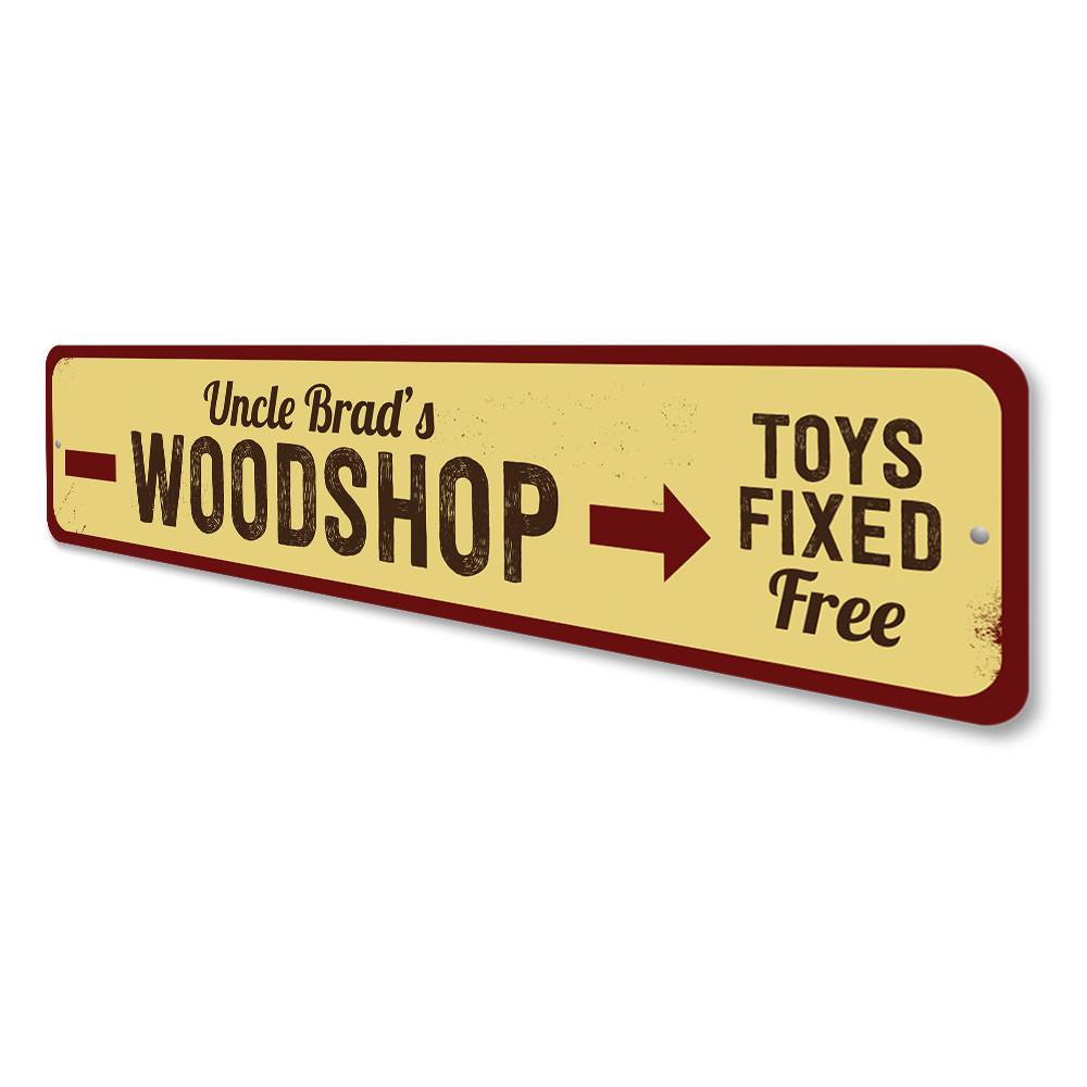 Customizable Woodshop Sign made from high-quality aluminum, featuring pre-drilled holes for easy mounting, perfect for home decor.