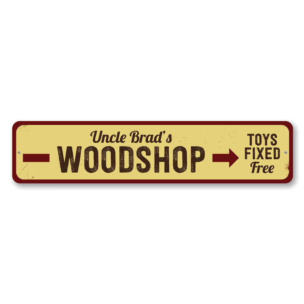 Customizable Woodshop Sign made from high-quality aluminum, featuring pre-drilled holes for easy mounting, perfect for home decor.