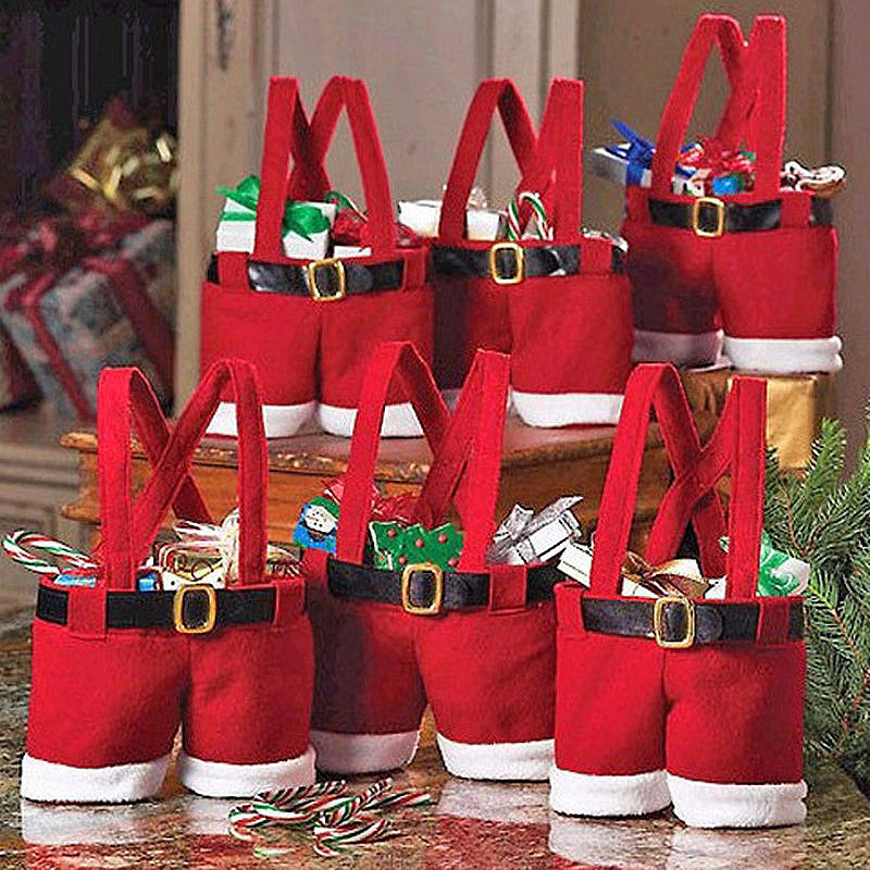 Wool fabric gift bag shaped like Santa pants, perfect for holding candies and small gifts, featuring hollow legs for storage.